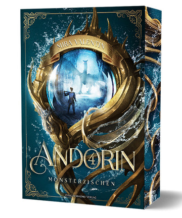 Das blaue Cover zeigt mittig eine Sphäre, in der ein Krieger, mit Schwertern in den Händen, vor einem Drachen steht. Die Sphäre ist umschlungen von einer goldenen, geschwungenen und gezackten Fassung, die an einem Ende die Form eines Drachenkopfes hat. Wasser umspielt die Fassung. Der Titel befindet sich im unteren Drittel des Buches.  Auf dem Buchschnitt sind Teile der Fassung und Wasserspritzer.